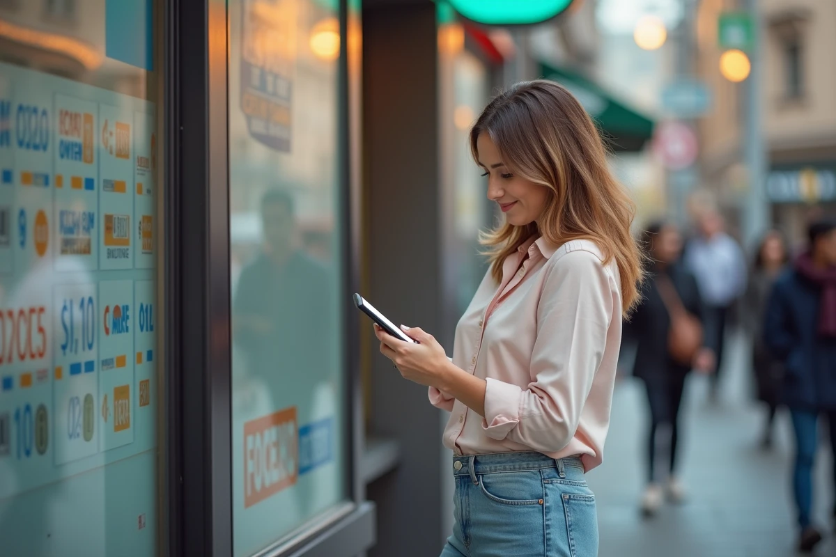 Femme dans la rue v&eacute;rifiant ses dividendes sur smartphone