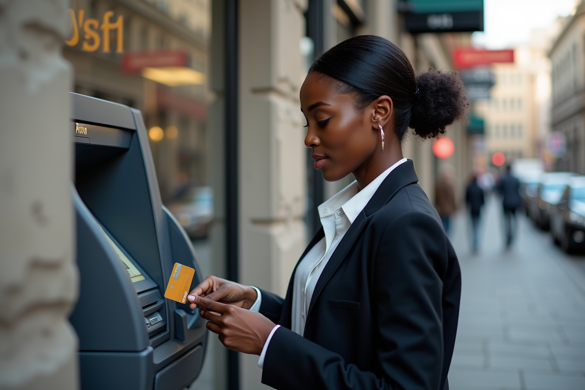 Jeune femme africaine utilise un distributeur dans la rue urbaine