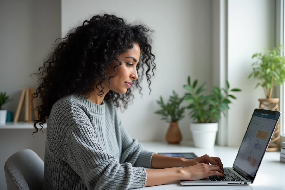 Femme consultant un virement bancaire pour un gros gain FDJ sur son ordinateur portable à domicile