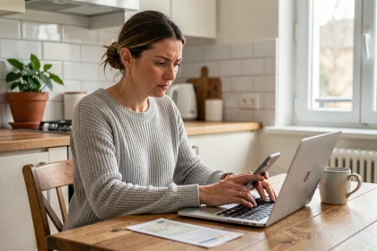 Femme consultant son smartphone et son ordinateur portable pour effectuer un virement bancaire instantané depuis son domicile