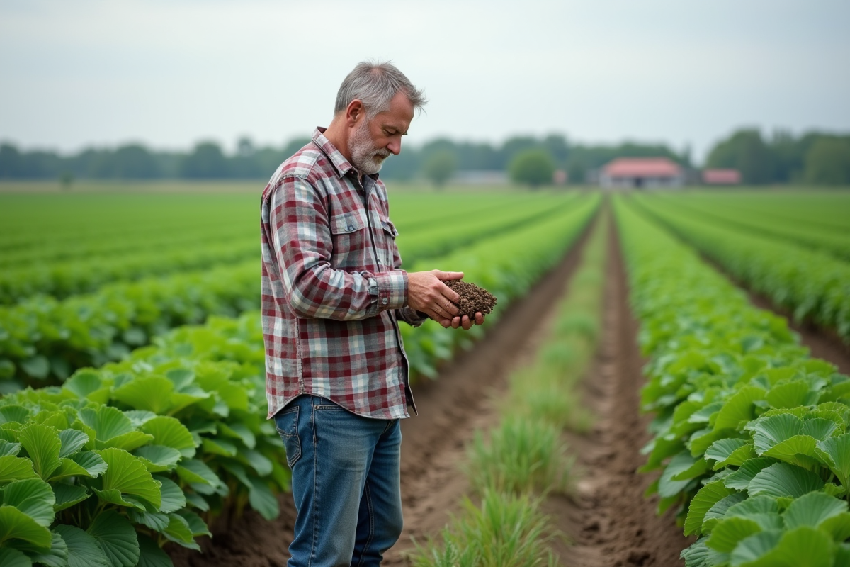 Ferme avec fermier examinant le sol dans un champ verdoyant