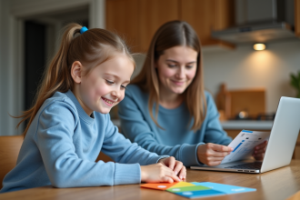 Fille souriante avec sa mère examine des cartes bancaires