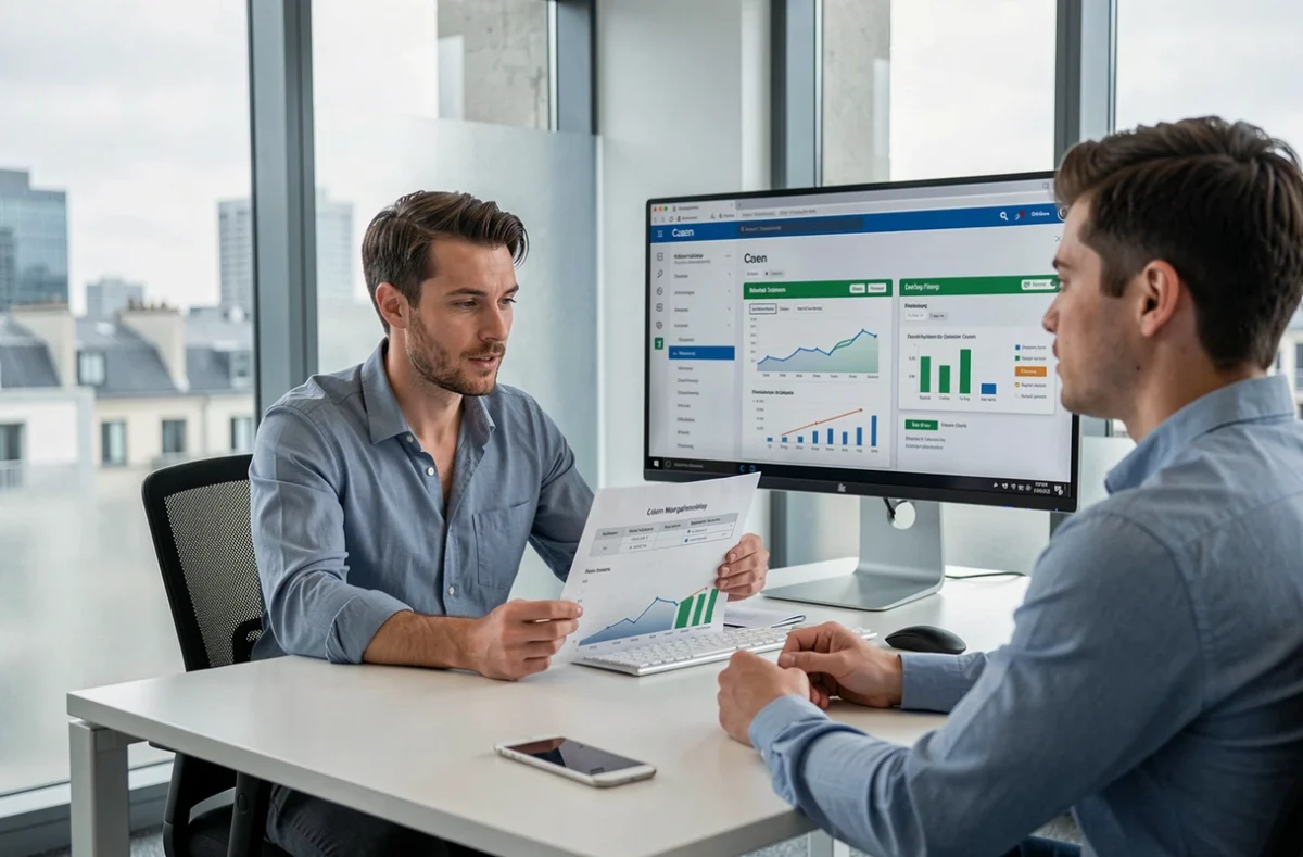 Courtier en financement de Finance Conseil expliquant un plan de financement à Caen