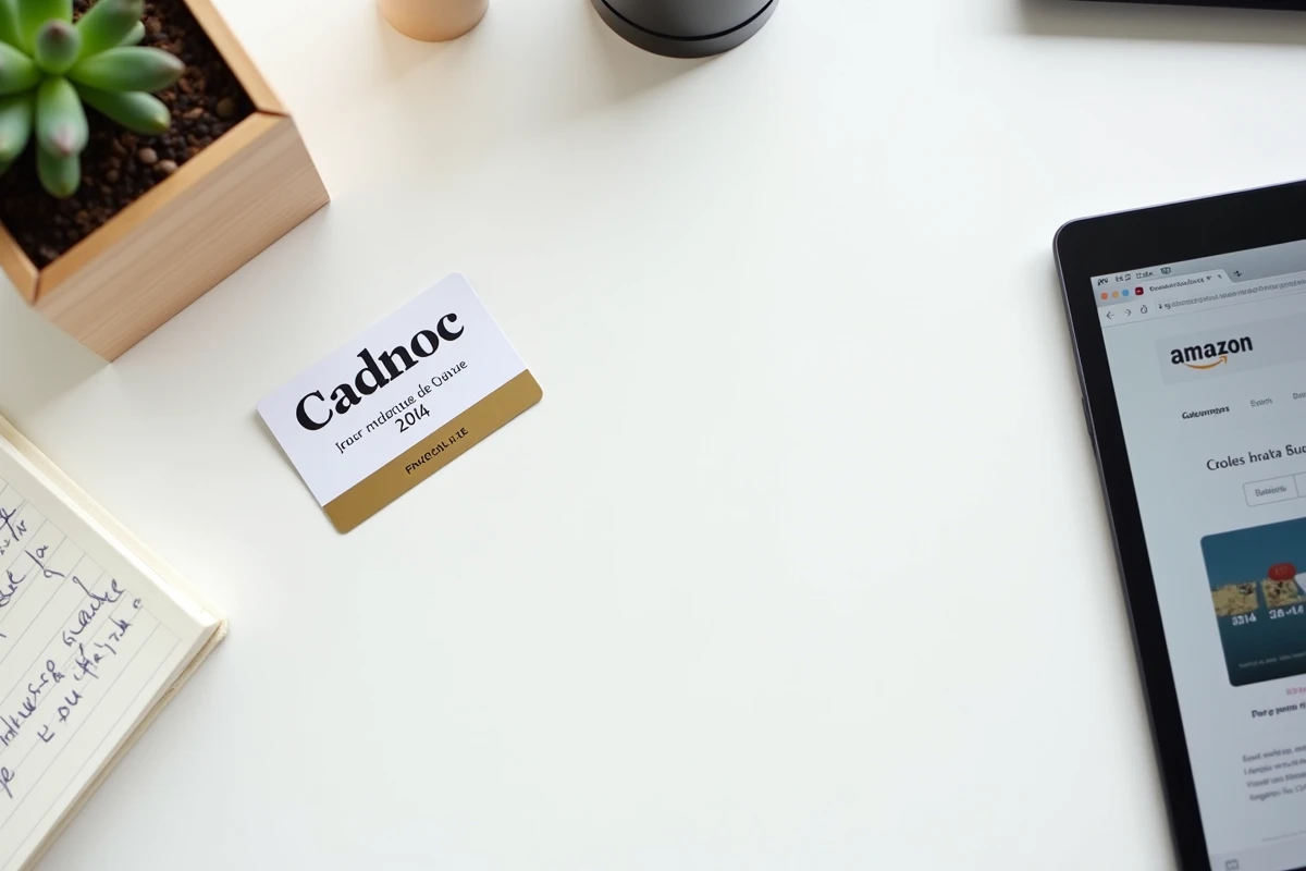 Vue de dessus d'un chèque Cadhoc, une carte bancaire et une tablette affichant Amazon sur un bureau blanc