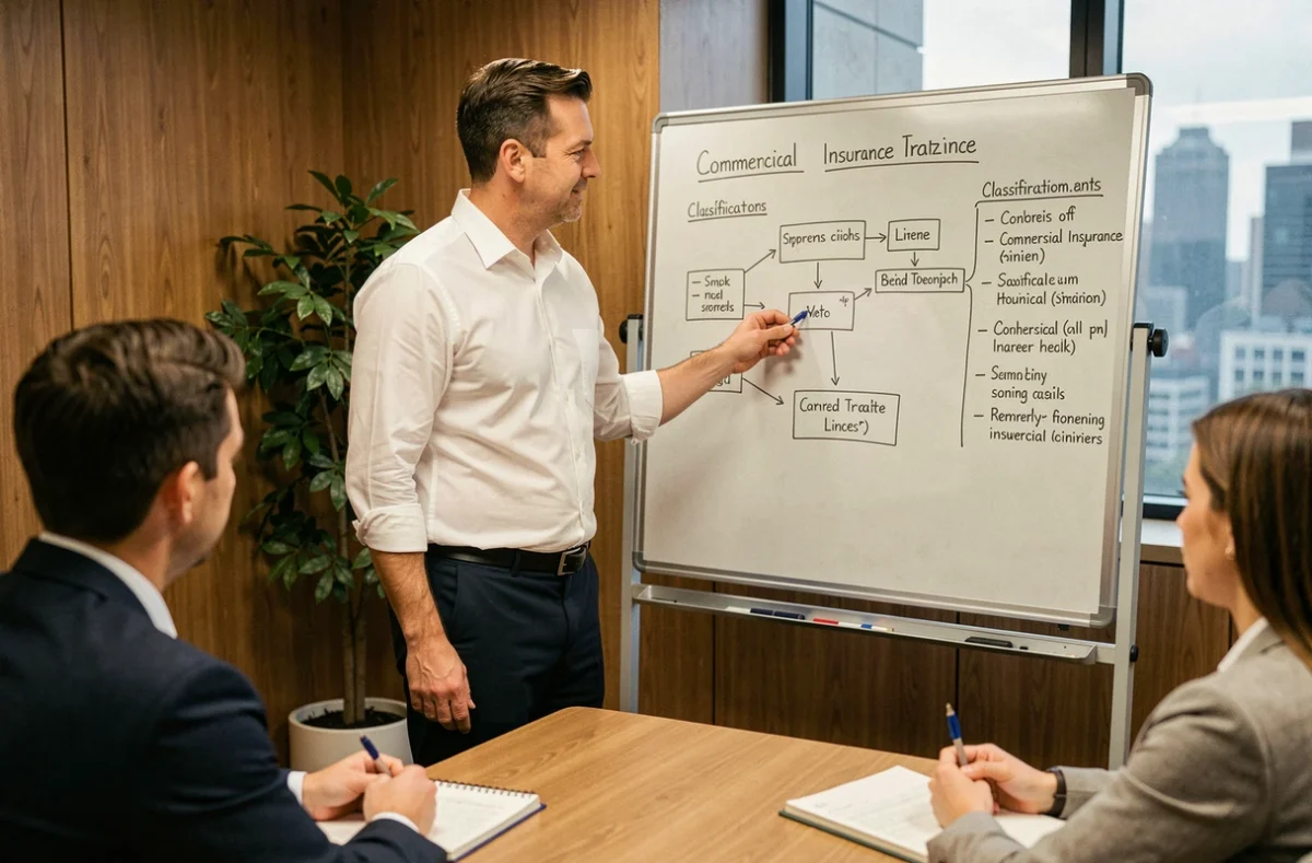 Formateur en assurance commerciale expliquant des schémas de classification au tableau devant des recrues prenant des notes