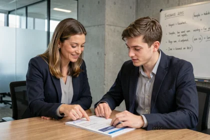 Formatrice en assurance expliquant le Commercial Lines Manual à une nouvelle recrue dans une salle de réunion moderne