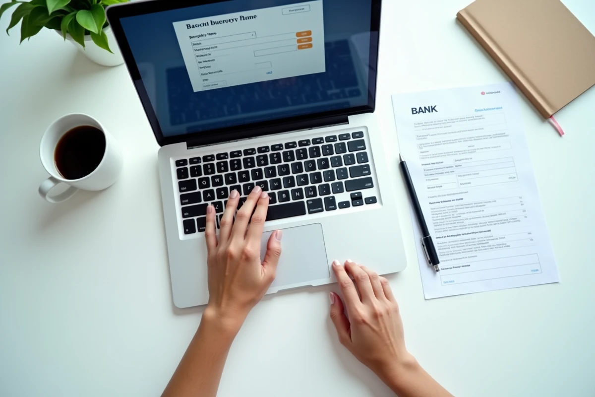 Ordinateur portable ouvert sur le formulaire d'ajout de bénéficiaire de virement du site m.cmb.fr posé sur un bureau