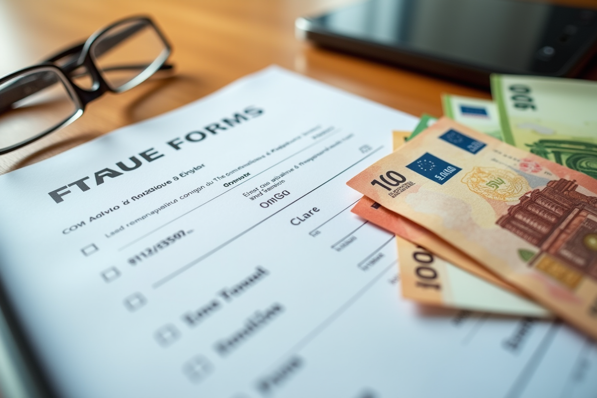 Formulaires CAF et billets d euros sur un bureau en bois clair