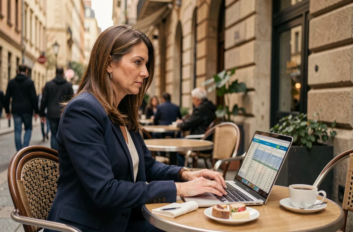 Femme en blazer bleu travaillant sur ses frais de repas déductibles depuis la terrasse d'un café avec un ordinateur portable