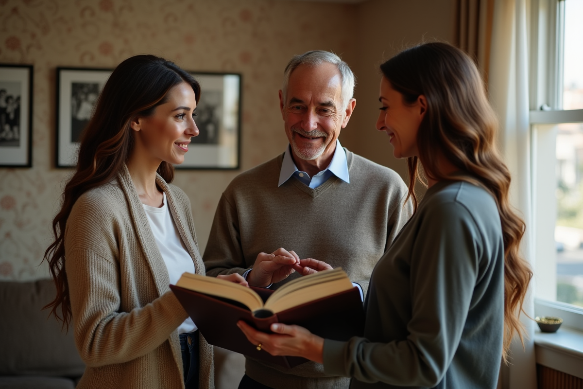 Trois freres et soeurs regardant un album photo familial