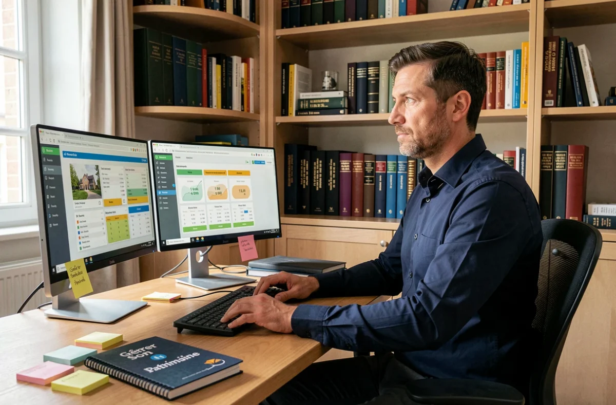 Conseiller de Gérer Son Patrimoine analysant des données de gestion locative sur un bureau informatique professionnel à Rouen