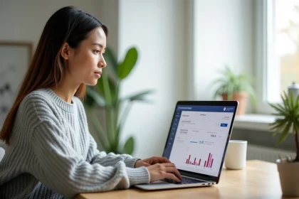 Femme gérant ses comptes bancaires en ligne sur un ordinateur portable depuis son bureau à domicile