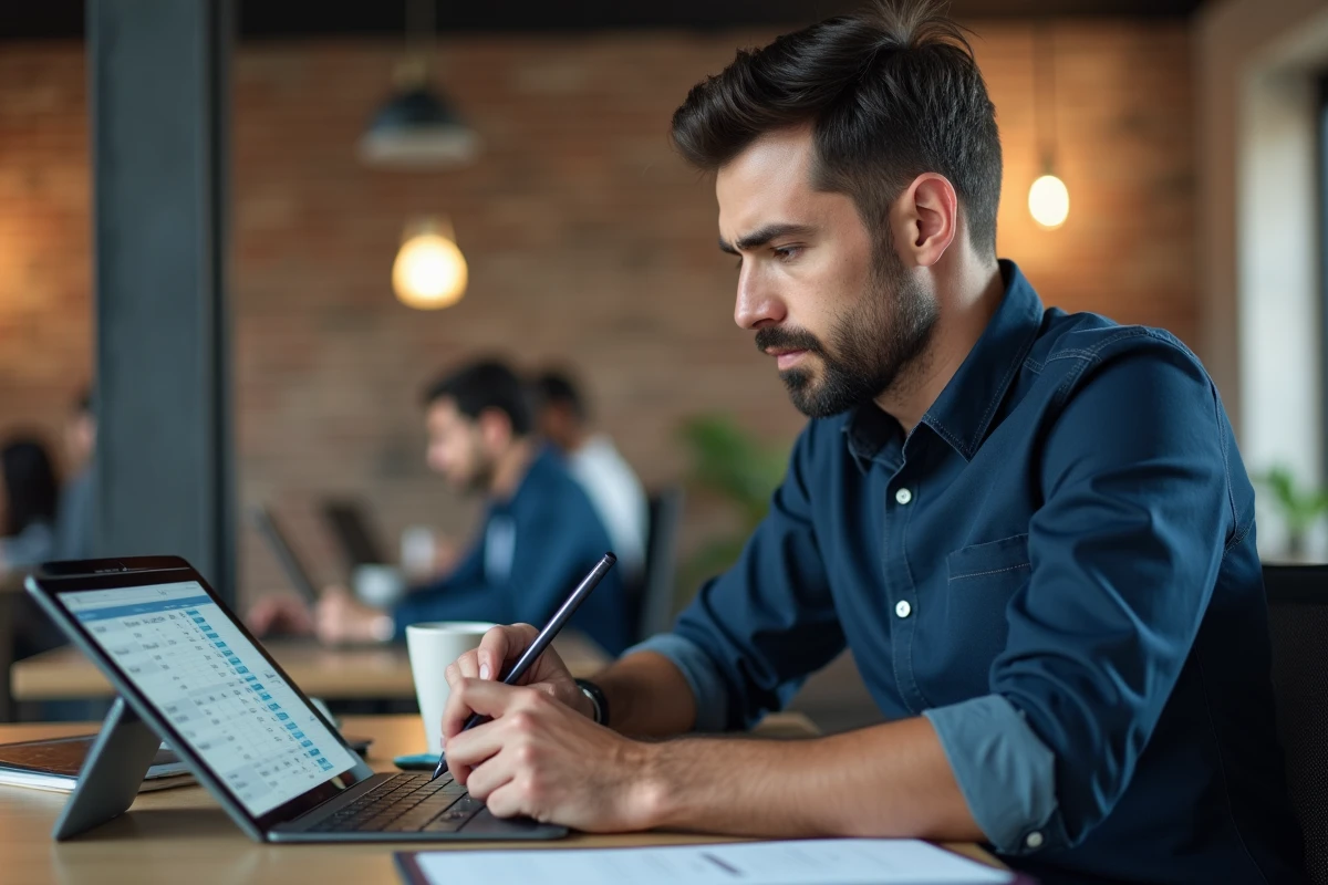 Homme d'affaires consultant un tableau de bord de gestion de factures sur une tablette dans un espace de coworking