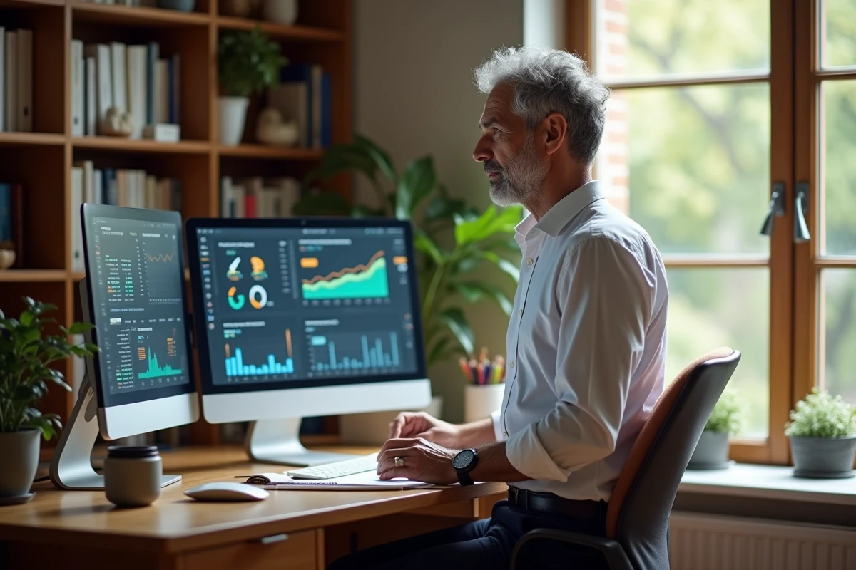 Homme gérant sa stratégie financière personnelle depuis un bureau à domicile avec tableaux de bord financiers