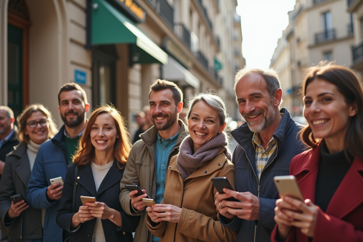 Groupe de personnes devant banques françaises en ville