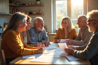 Familles et seniors heureux vérifiant leurs factures d énergie à la maison