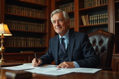 Homme d'affaires distingué en costume sombre assis à un bureau ancien entouré de documents financiers et de bilans comptables