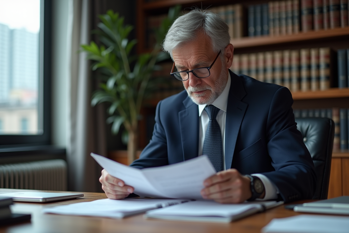 Homme d'affaires en costume bleu examine des documents