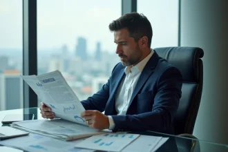 Homme d'affaires en costume lisant un journal financier