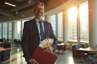 Homme d'affaires confiant dans un bureau moderne avec des billets d'euros