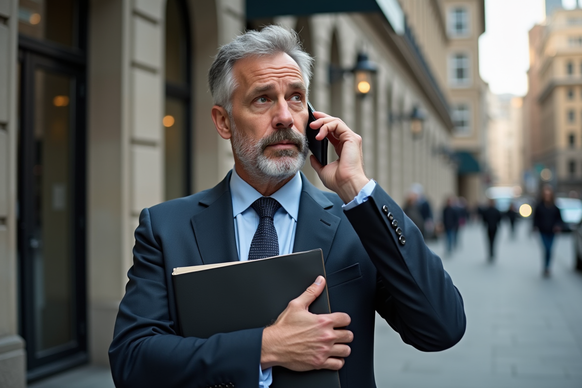 Homme d affaires parle au smartphone devant un immeuble