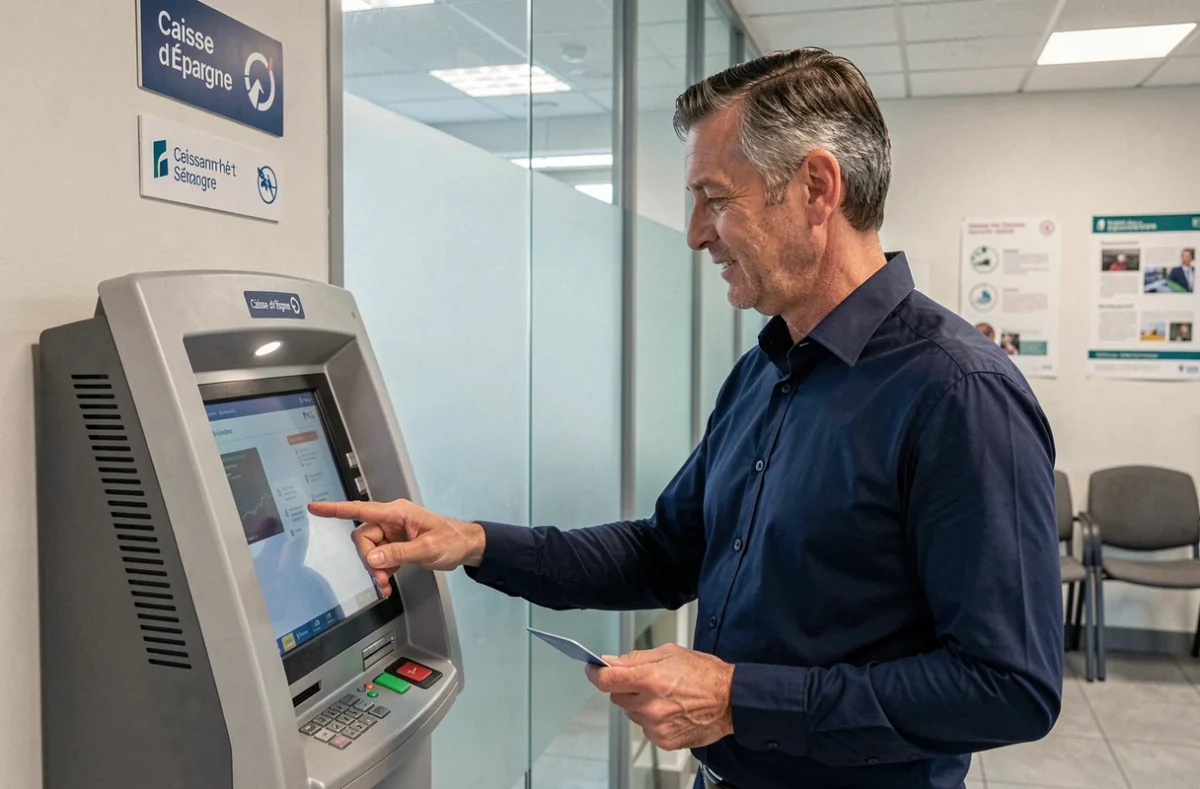 Homme ajoutant un nouveau bénéficiaire sur le terminal bancaire d'une agence Caisse d'Épargne