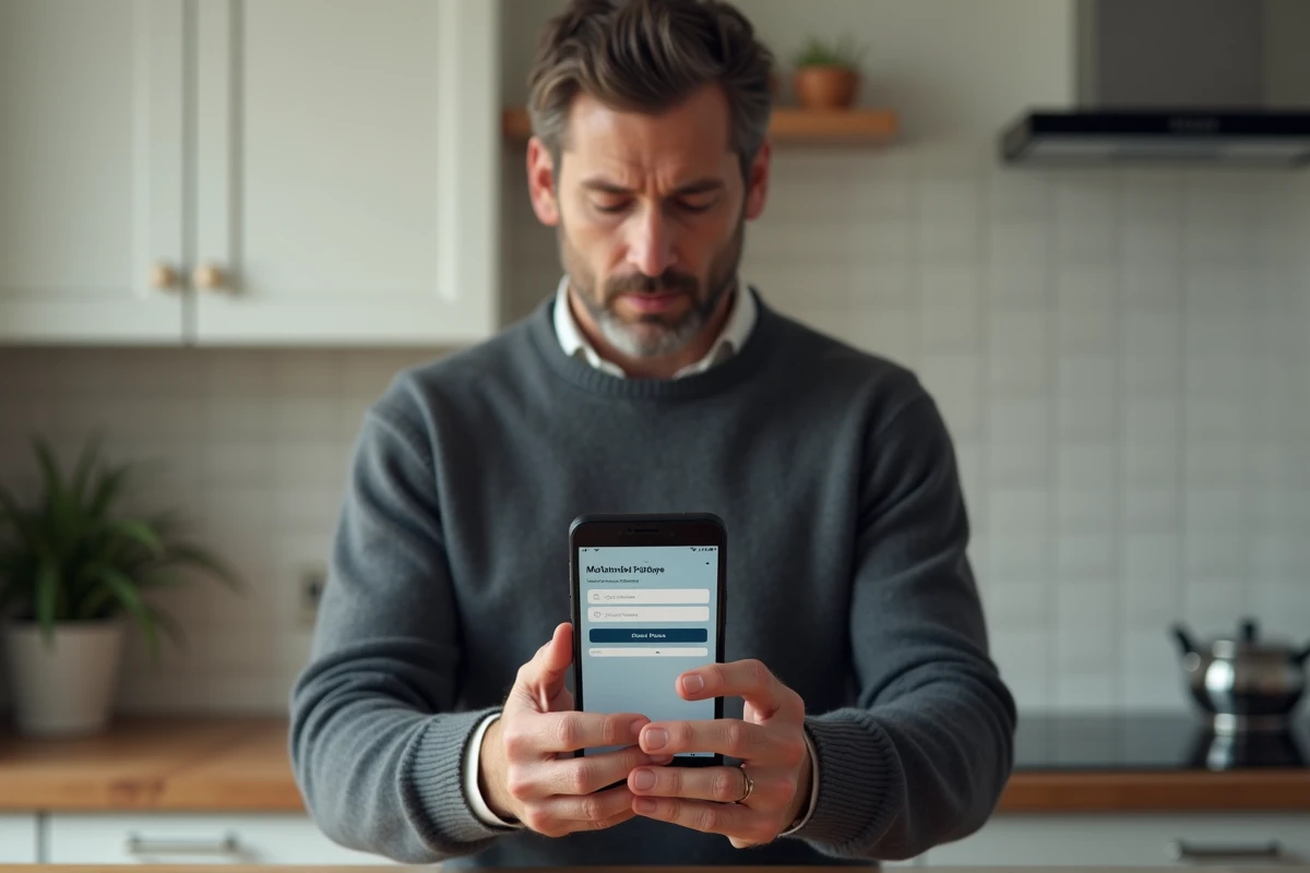 Homme ajoutant un nouveau bénéficiaire de virement bancaire sur l'application mobile CMB depuis sa cuisine