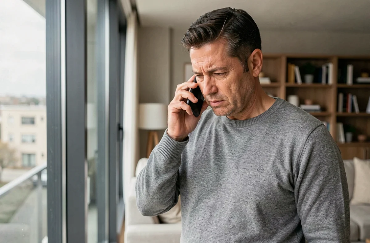 Homme appelant le service client de La Banque Postale depuis son appartement