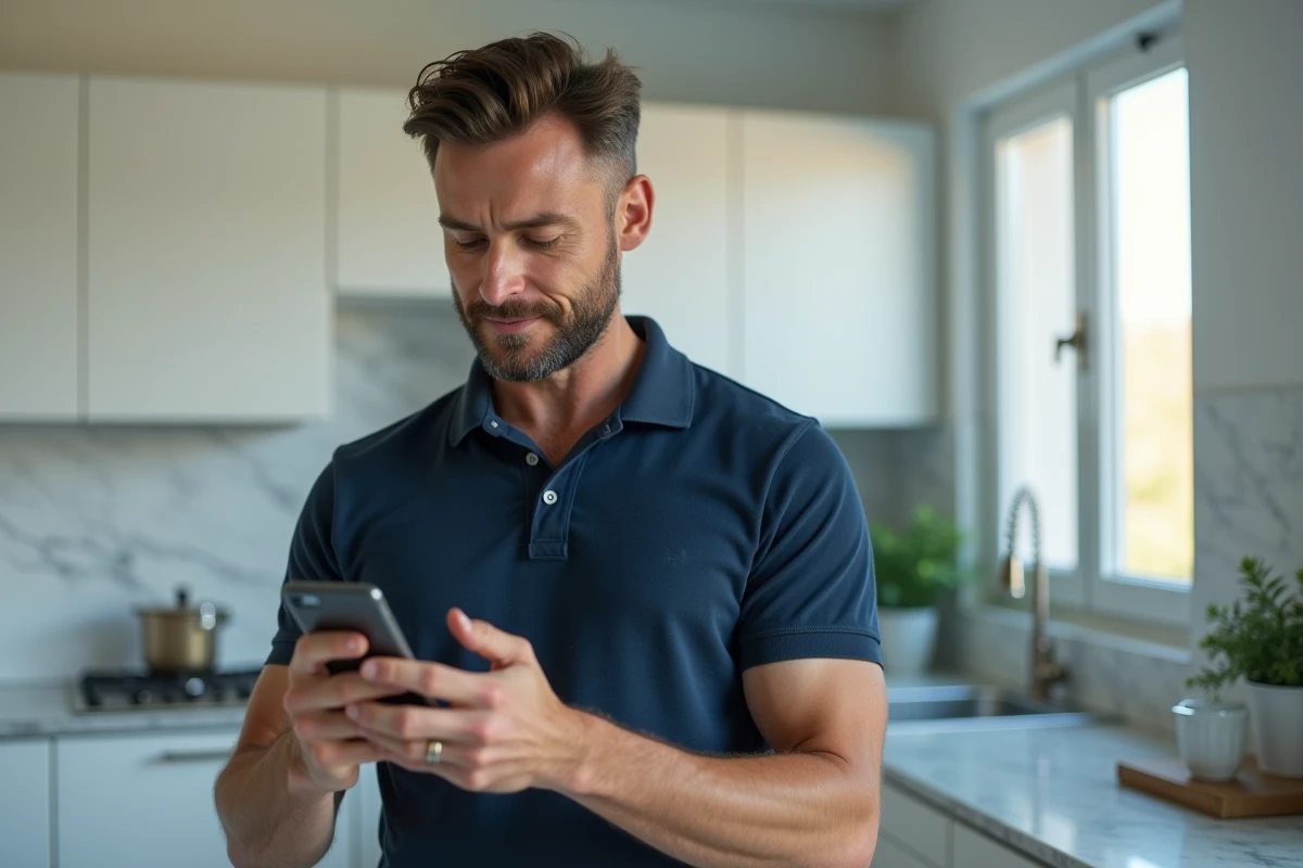 Homme consultant son application de facturation Free Mobile dans une cuisine moderne