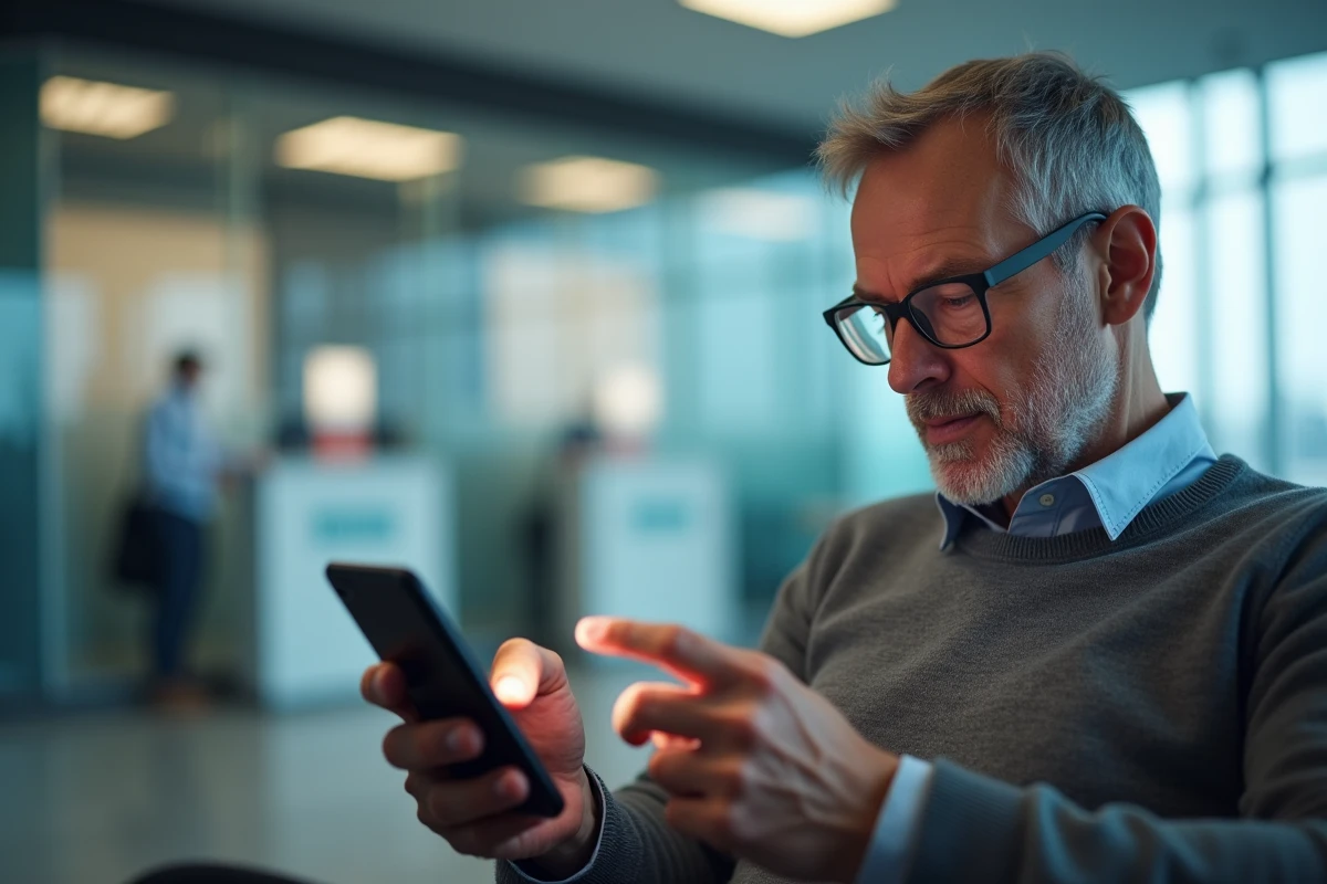Homme utilisant l'application mobile de connexion à son compte bancaire bp du Sud Cyberplus dans une agence