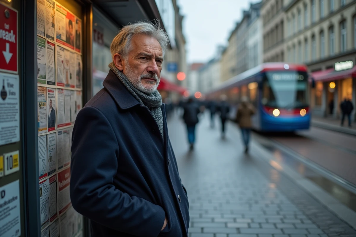 Homme belge anxieux devant un stand à Bruxelles