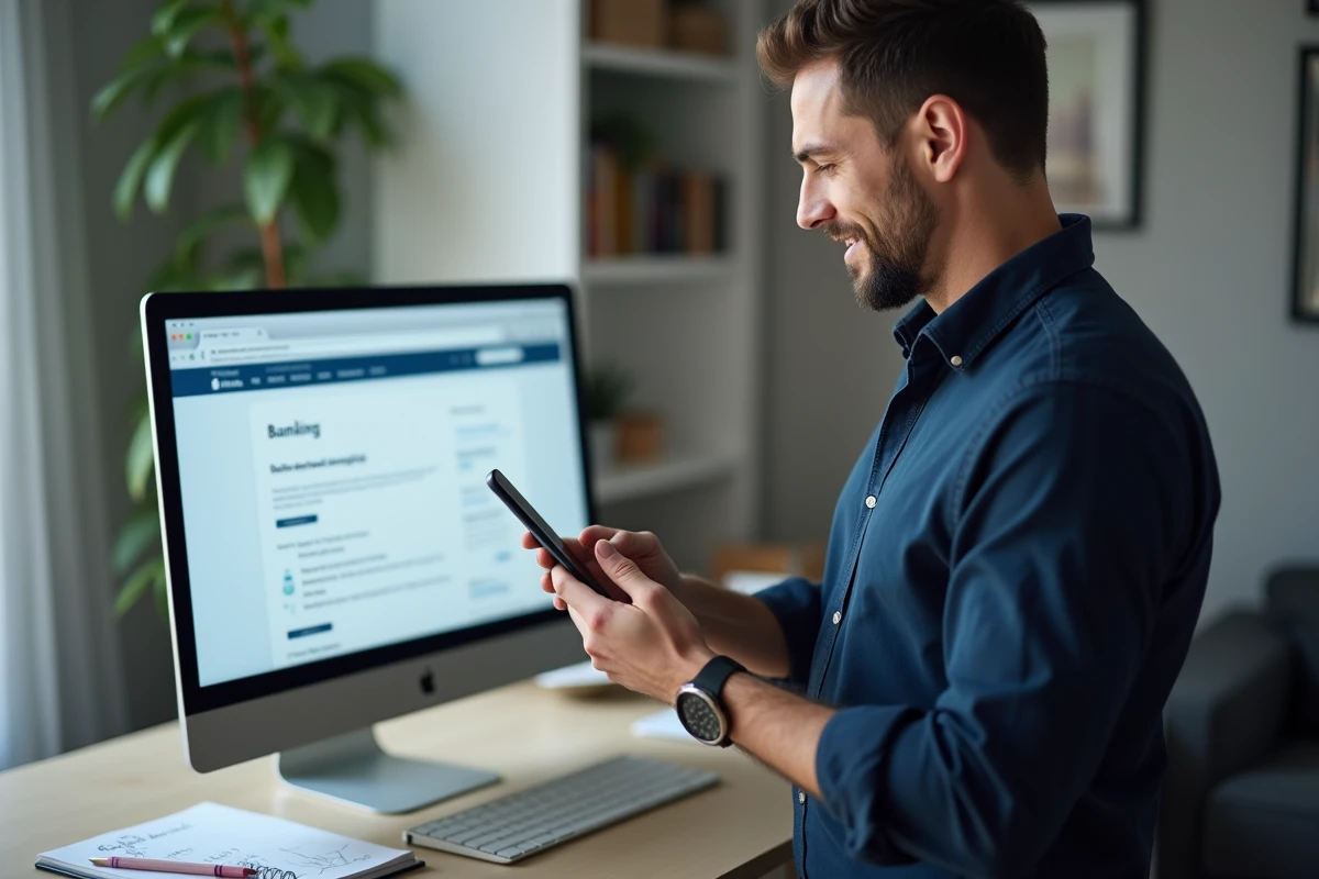 Homme en télétravail consultant une ressource d'aide bancaire avant de contacter son conseiller