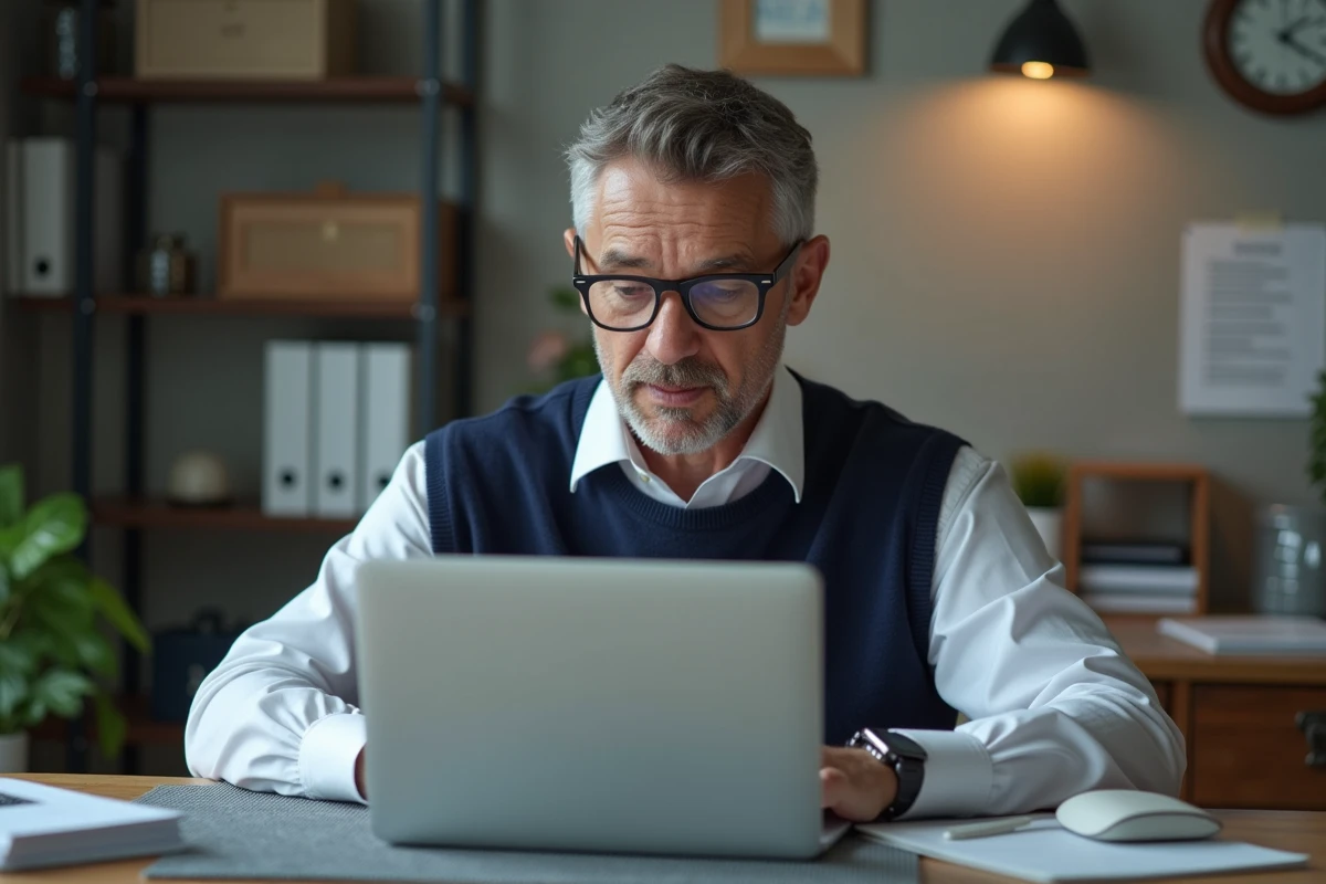 Homme en tenue décontractée travaillant sur un ordinateur dans un bureau