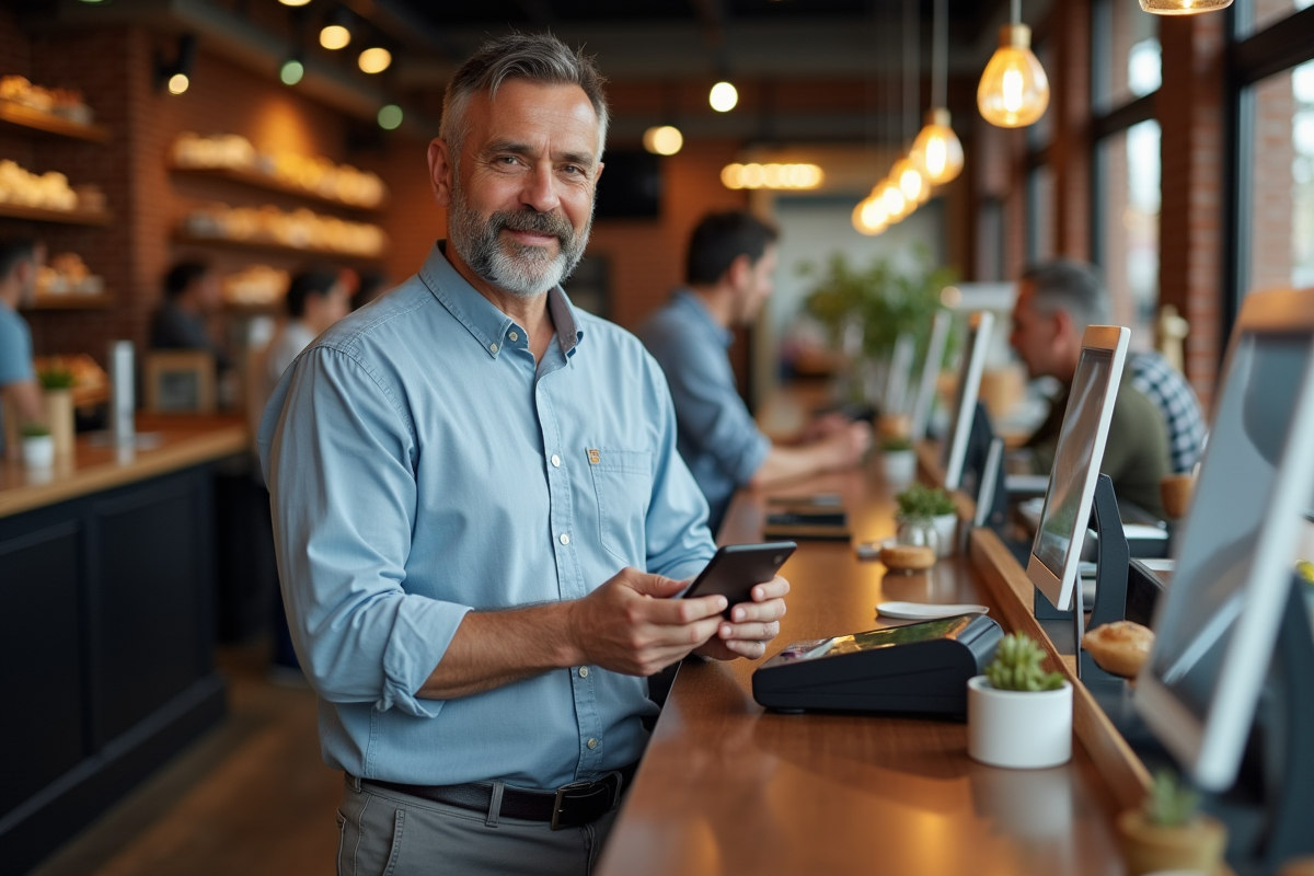 Homme recevant une notification cashback au café