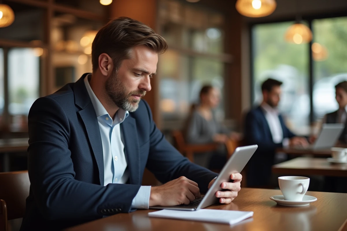 Homme d affaires utilisant une tablette au café