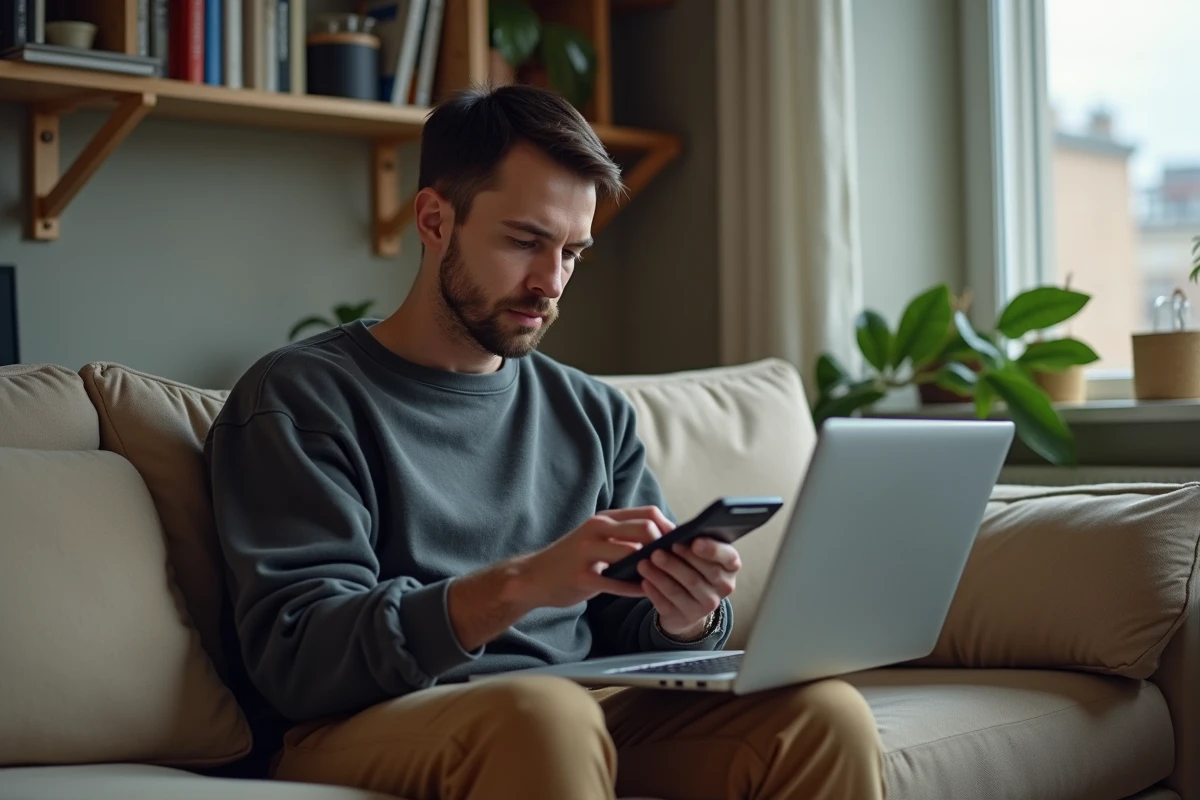 Homme utilise une calculatrice dans un salon modeste