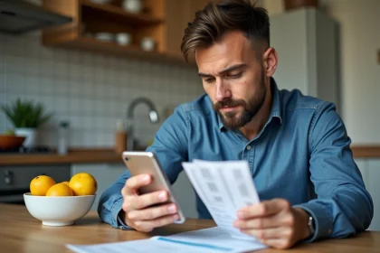 Homme comparant son appli de conversion de devises à un relevé