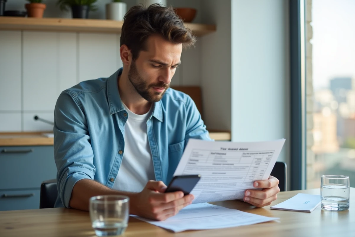 Jeune homme remplissant sa déclaration d'impôts liée à Trade Republic avec smartphone et formulaire papier