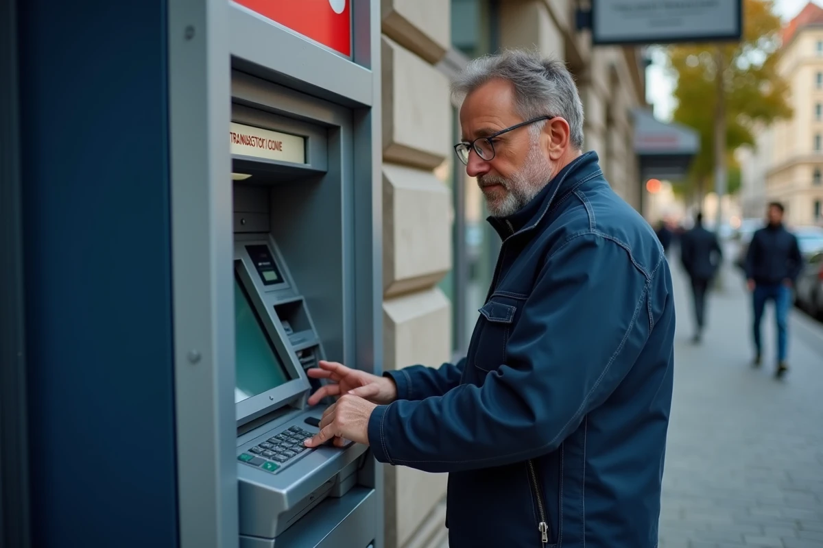 Homme face à un distributeur automatique affichant un refus de transaction pour dépassement de découvert