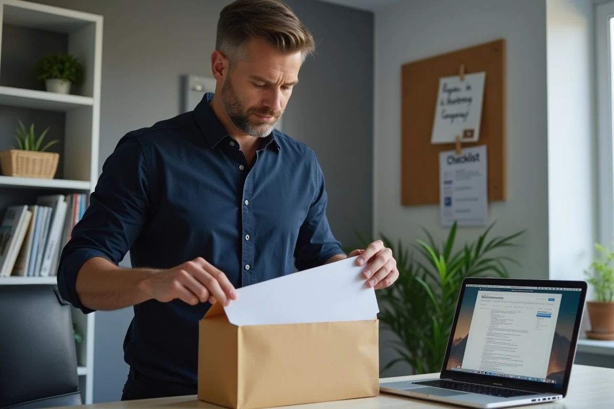 Homme préparant une enveloppe de courrier recommandé pour résilier son contrat d'assurance Matmut