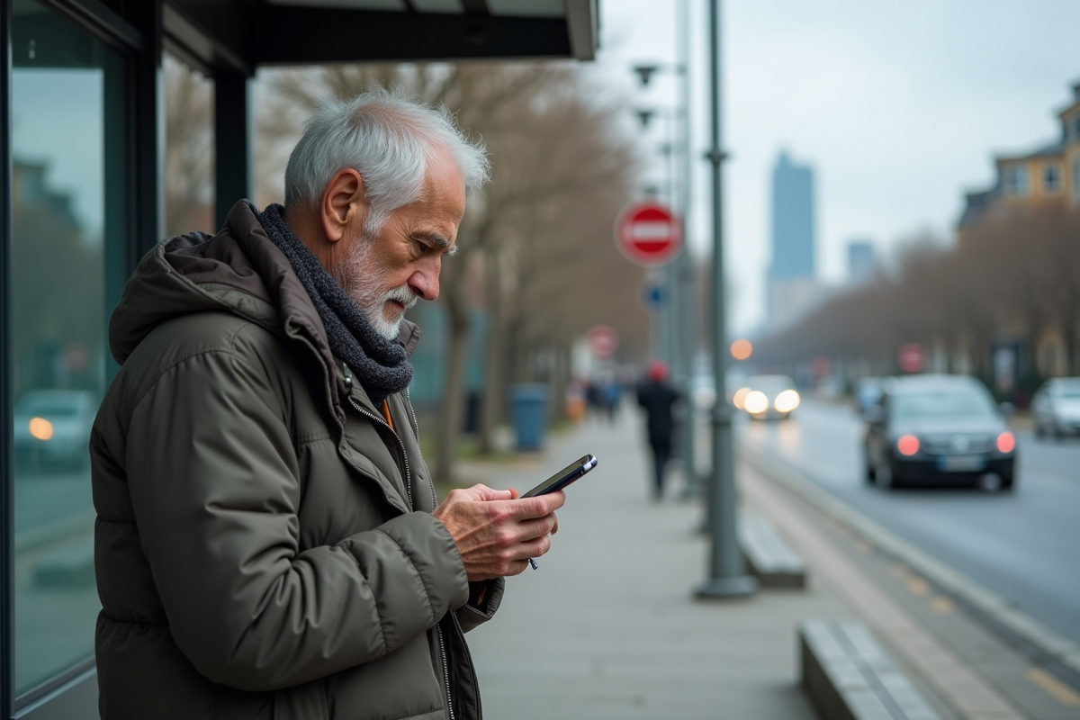 Homme d age checkant son smartphone à un arrêt de bus