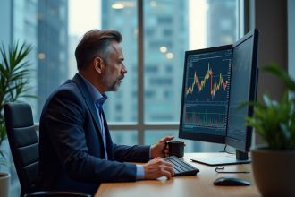 Homme d'affaires en costume bleu surveillant des graphiques financiers