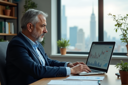 Homme d'affaires en costume analyse des graphiques financiers