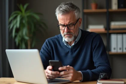 Homme d'&acirc;ge moyen frustr&eacute; regardant son smartphone dans un bureau