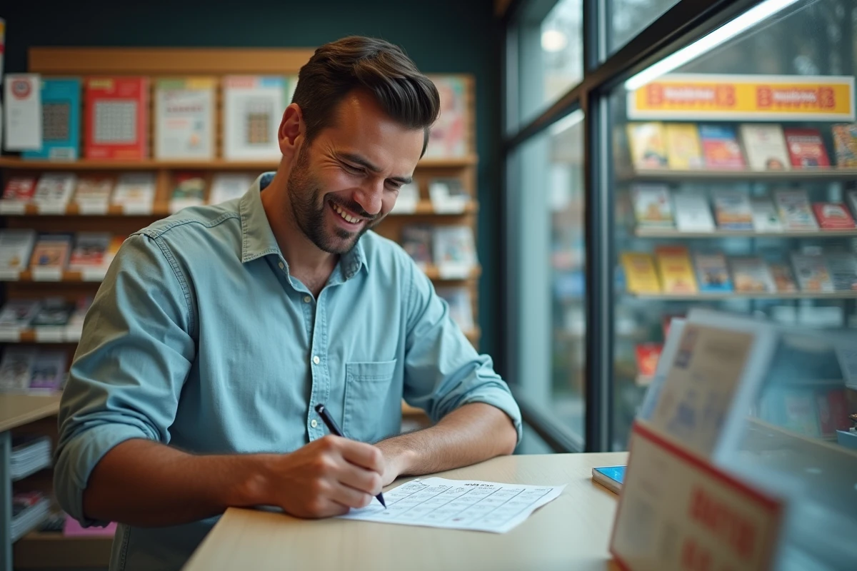 Homme remplissant une grille EuroMillions dans un bureau de tabac, choisissant entre grille classique et option Étoile+