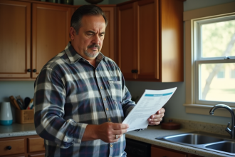 Homme hispanique examine ses papiers d'impots dans la cuisine