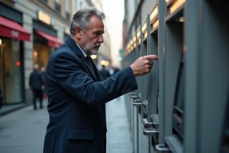 Homme d'âge moyen inspectant un ATM en ville