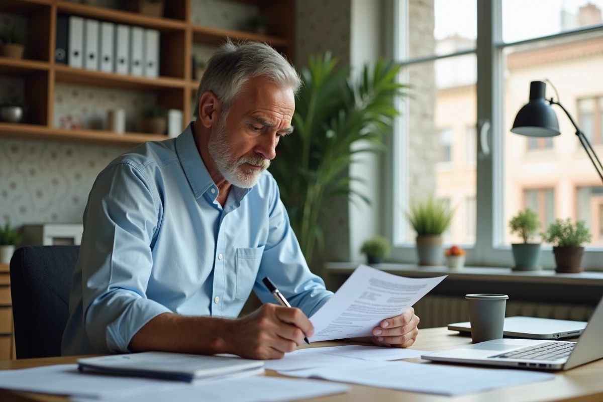 Homme d age vérifiant une facture dans son bureau à domicile