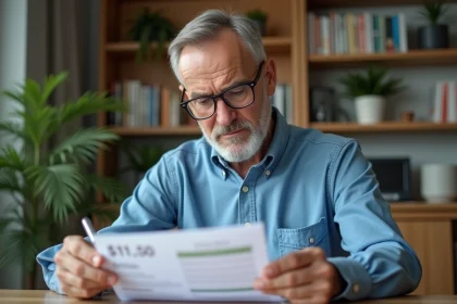 Homme d'&acirc;ge moyen examinant un relev&eacute; bancaire &agrave; domicile