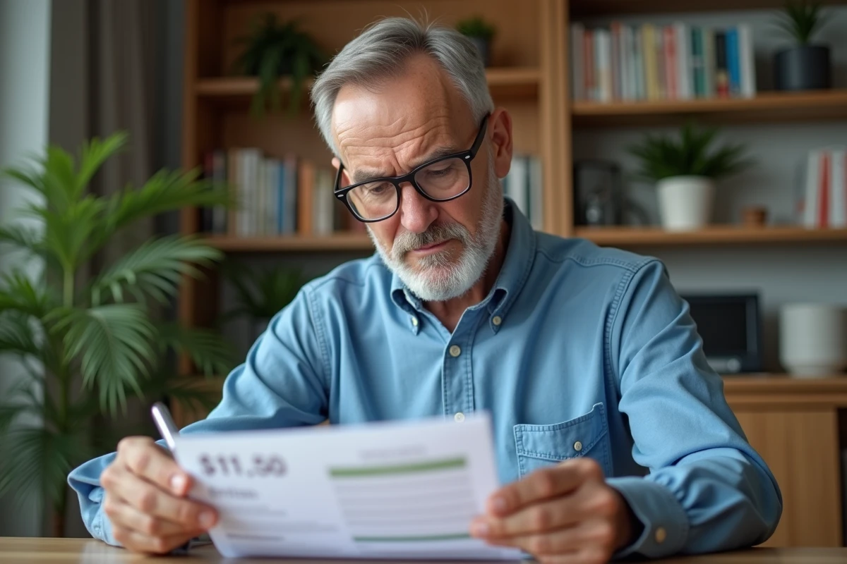 Homme d'âge moyen examinant un relevé bancaire à domicile